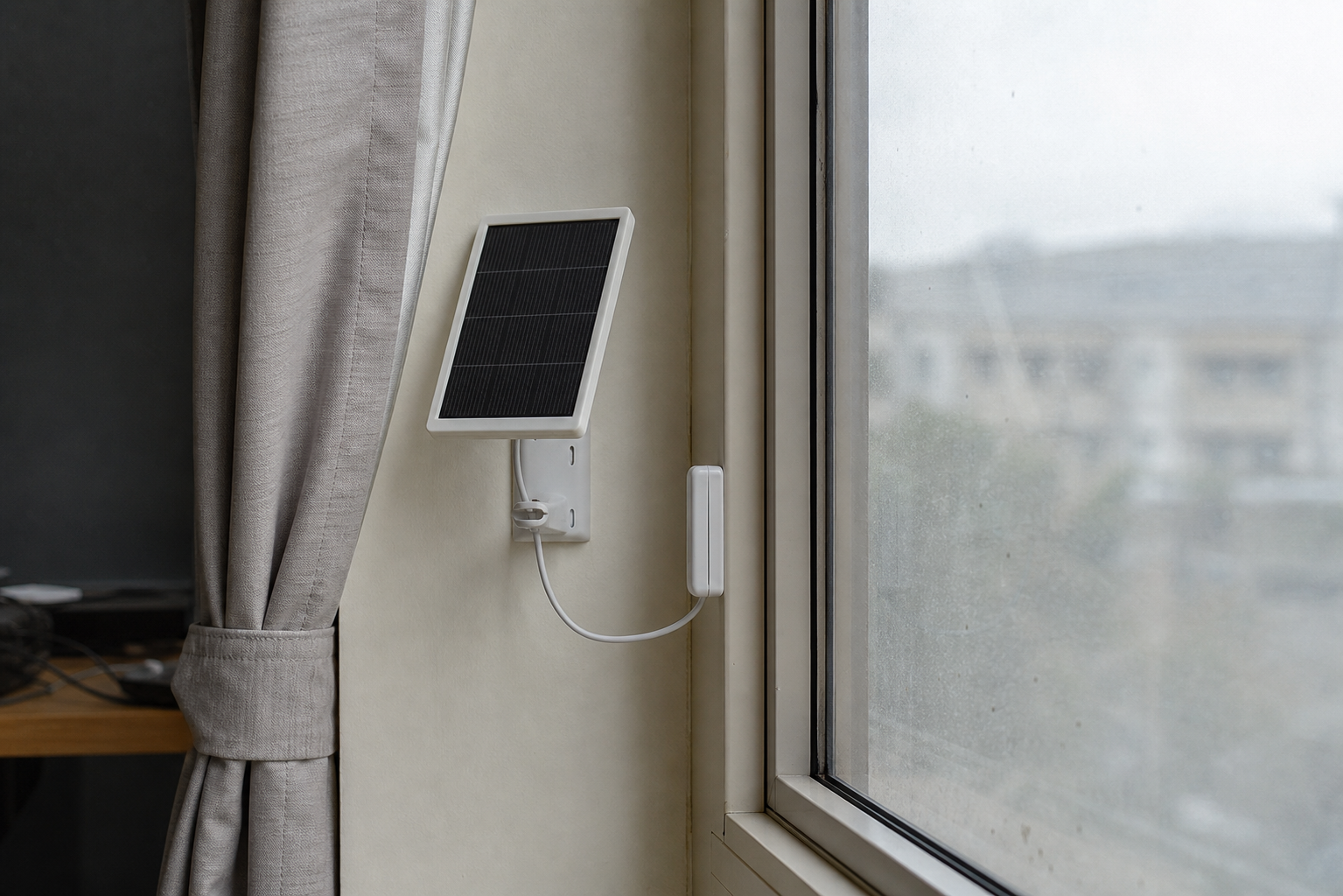 Compact solar panel and window sensor mounted beside a modern window frame