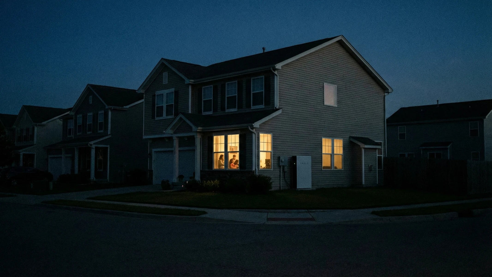 residential solar home at night with rooftop panels and indoor lights