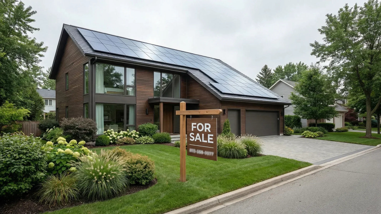 Rooftop solar panels on a modern home for sale, illustrating solar home value
