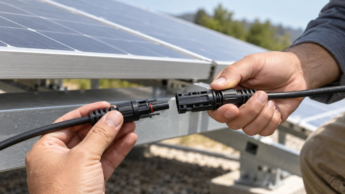 A technician checks two matched solar panel leads and a protected parallel branch harness at an outdoor worksite.