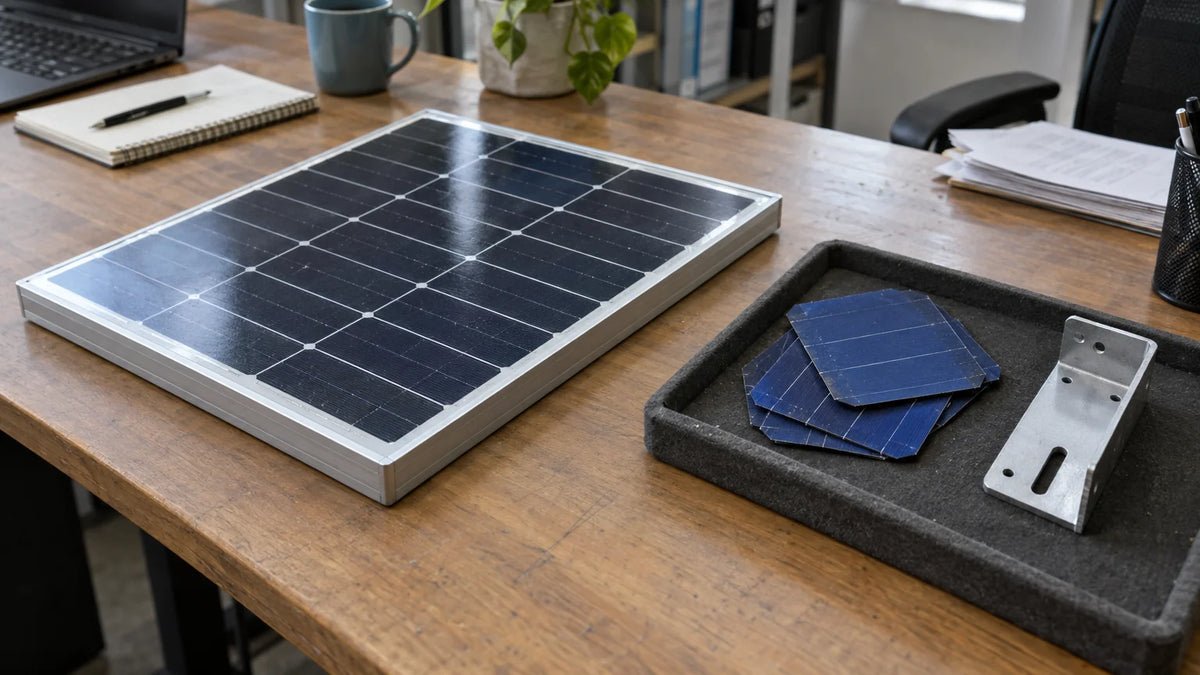 A finished small solar panel laid apart from a tray of loose cells and metal brackets on a purchasing table, showing separate supply items.