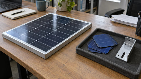 A finished small solar panel laid apart from a tray of loose cells and metal brackets on a purchasing table, showing separate supply items.