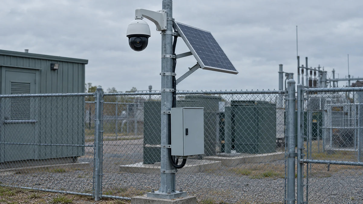 A pole-mounted PTZ camera, solar panel and equipment cabinet form a generic remote monitoring installation at an ordinary fenced utility site.