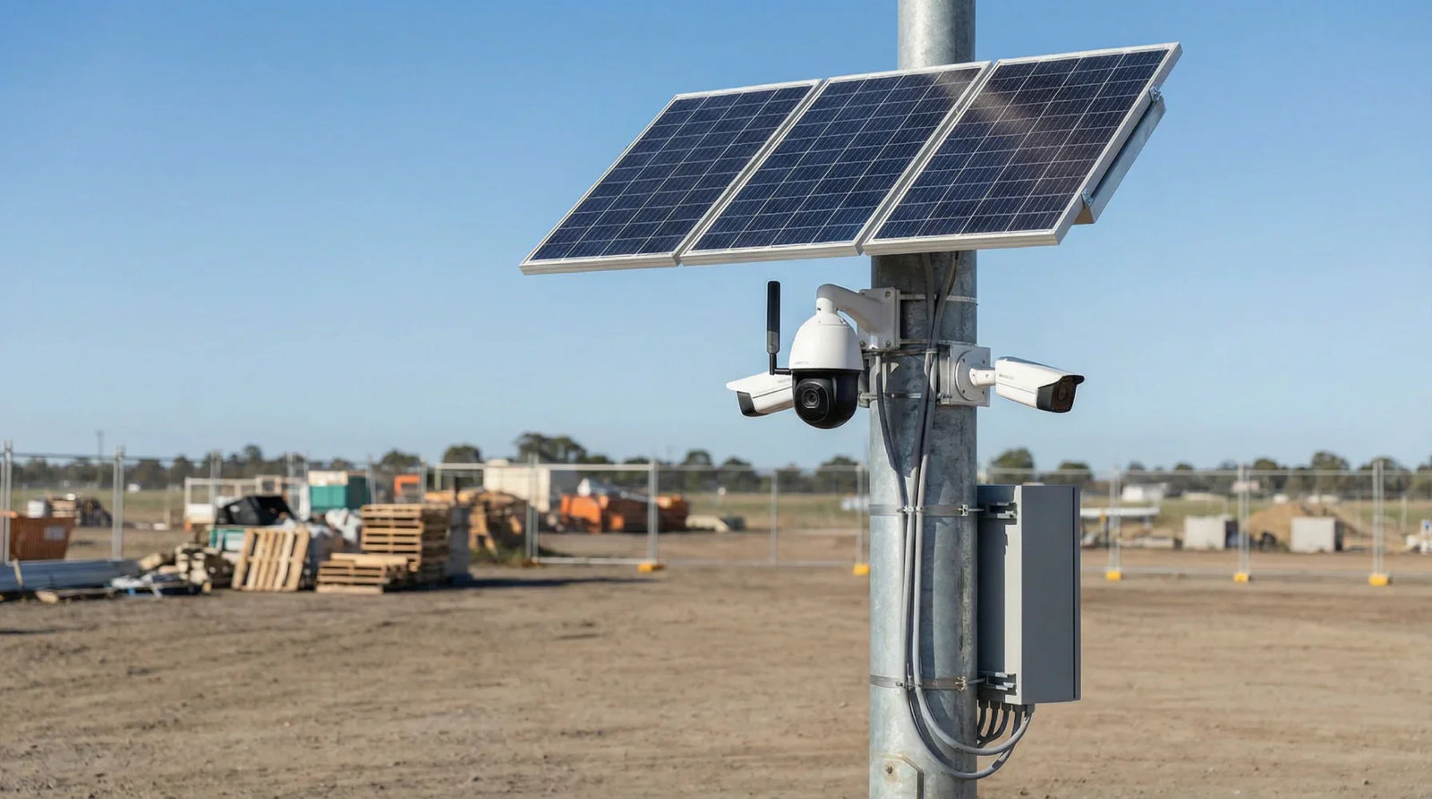 Solar power system for several security cameras with pole-mounted panels and enclosure on an off-grid site