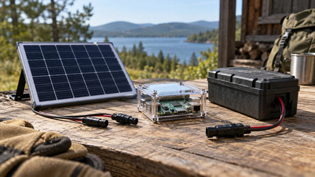 A generic single-board computer sits in a protective enclosure beside a small solar panel and closed battery pack.