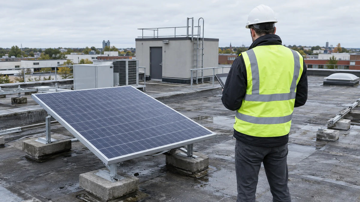 Ordinary small commercial rooftop with one safely mounted PV module in foreground and surrounding installation access visible, anonymous site assessor from behind.