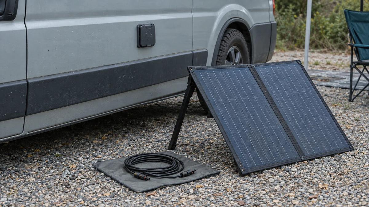 A portable foldable solar panel stands beside an unbranded camper van at an ordinary campsite, with its cable disconnected while the inlet arrangement is reviewed.