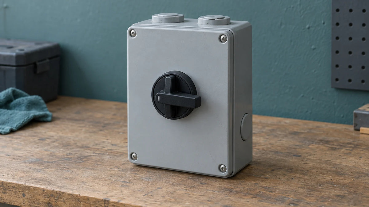 A closed rotary-disconnect enclosure sits on a service bench, illustrating a switch whose circuit duty and documented functions must be confirmed.