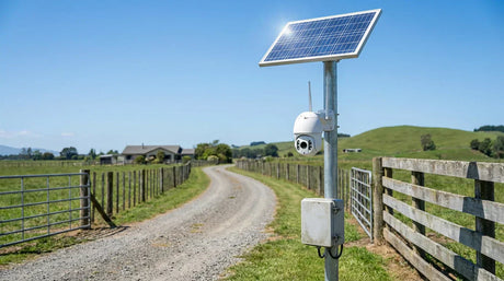 Solar powered security camera with no Wi-Fi at a farm gate with pole-mounted solar panel