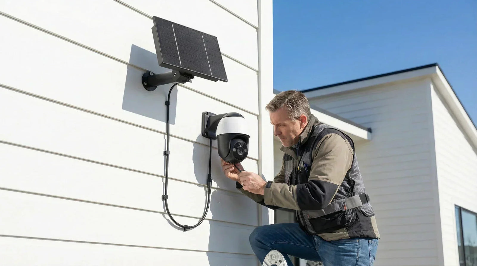 Solar security camera not charging with small solar panel on house wall during troubleshooting