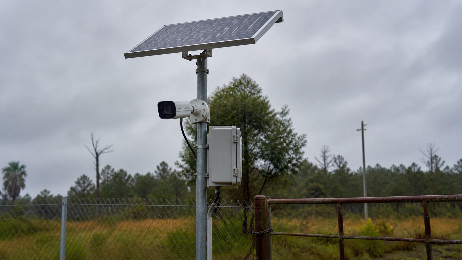 A solar-powered security camera installation with a 12V solar panel, camera, and weatherproof enclosure mounted on a metal pole in an outdoor perimeter setting.