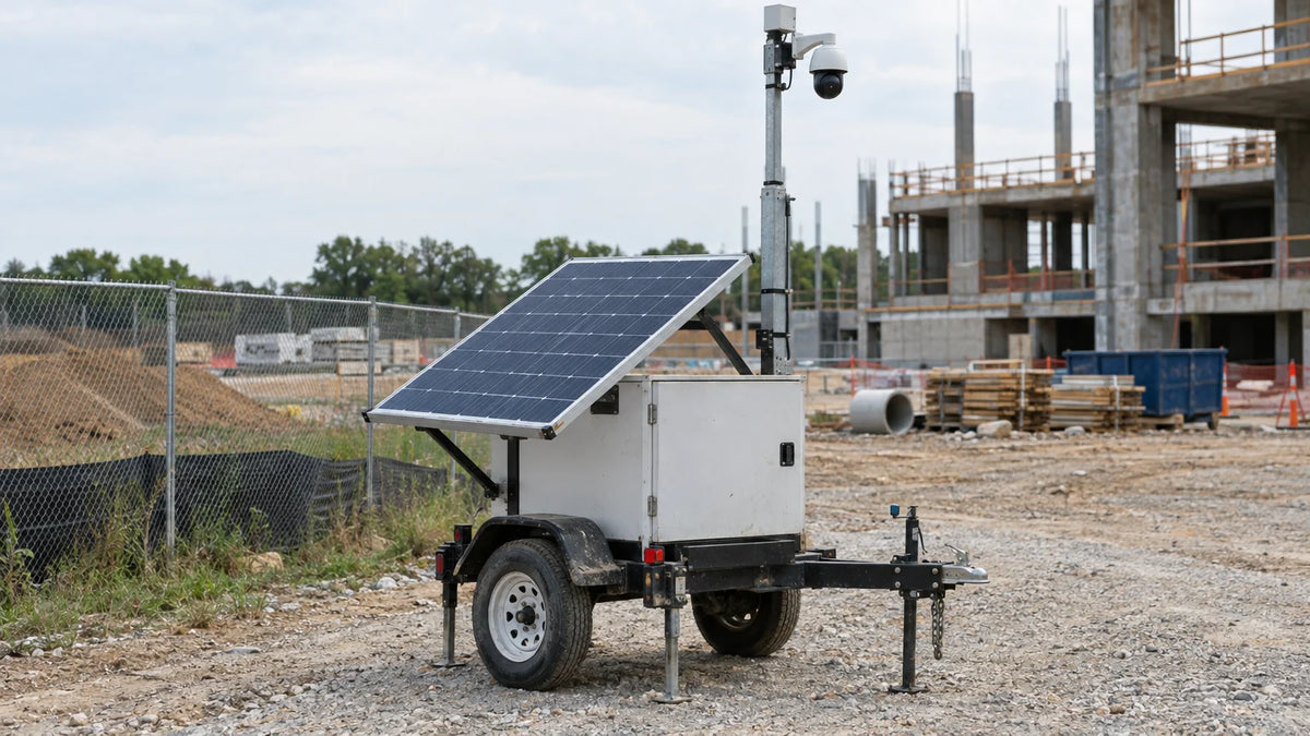 A mobile surveillance trailer with one solar panel and a camera mast parked at the edge of a work site, showing the wheels and equipment layout.