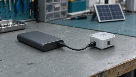 A compact unbranded power bank supplies a small sensor prototype through a short USB cable on a workshop bench, illustrating low-load buffer selection.
