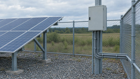 A plain closed control enclosure is mounted beside a small photovoltaic array, illustrating a shutdown-system procurement review without showing an operating sequence.