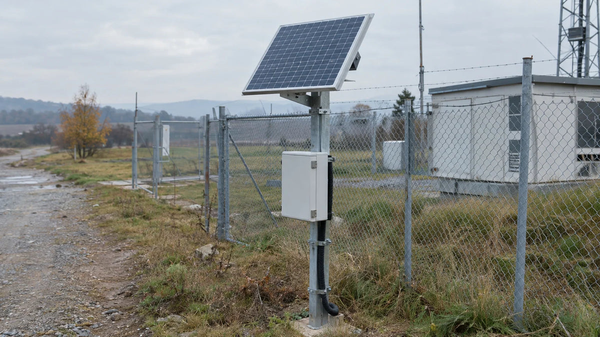 One compact finished PV module securely mounted on a modest post beside an ordinary remote-equipment fence, separate closed equipment enclosure below with protected cable route and fasteners.