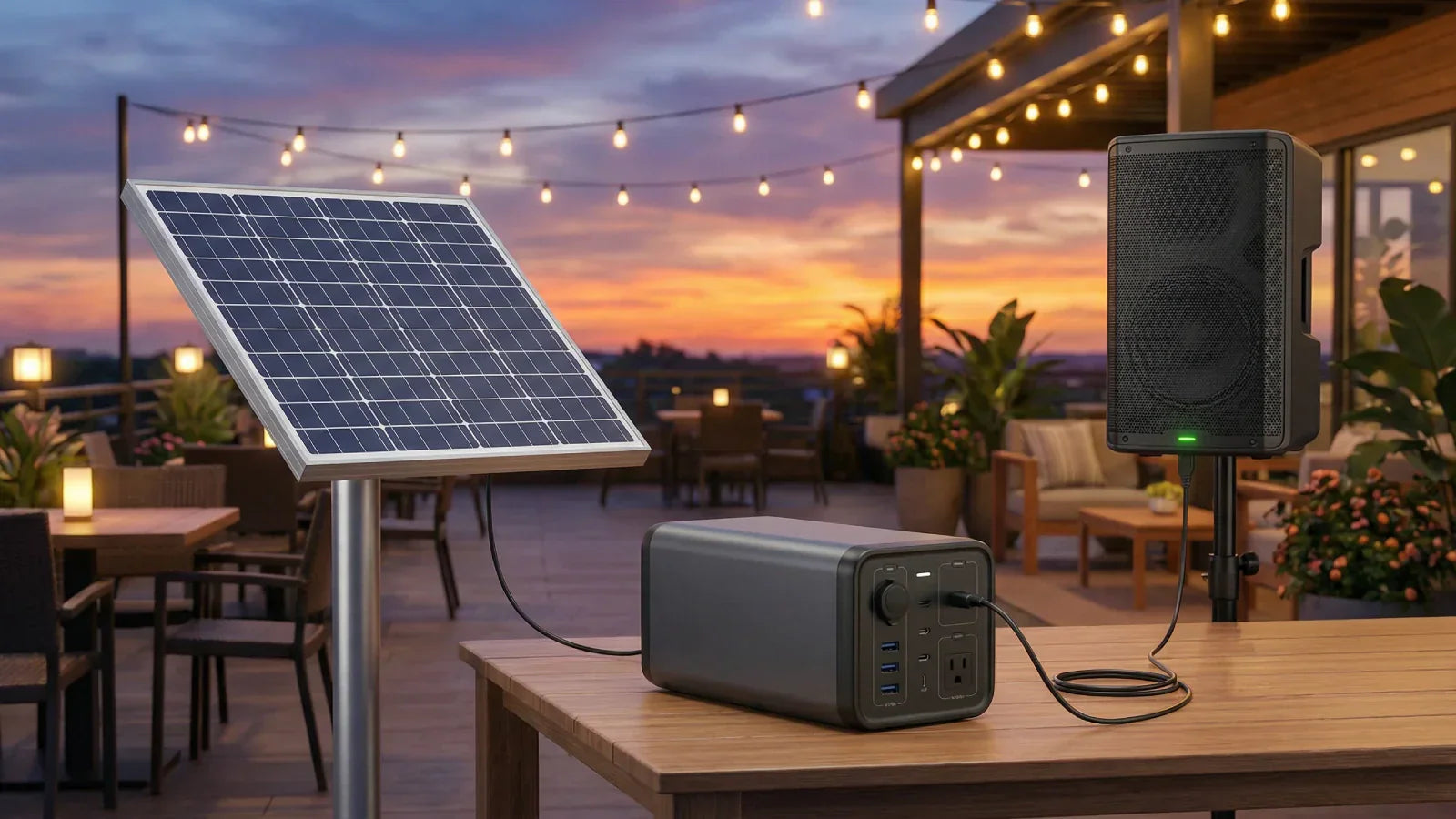 Outdoor pool deck scene with solar panel charging Bluetooth speaker