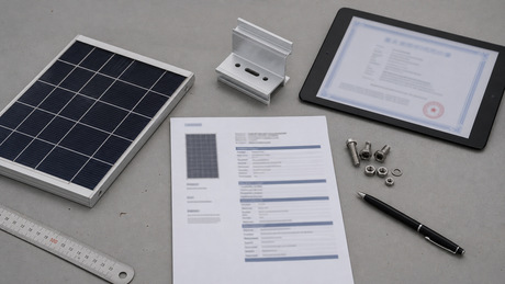 A supplier vetting workbench with a small solar panel sample, an aluminium bracket, fasteners, a blurred datasheet and a tablet showing a blurred certificate.