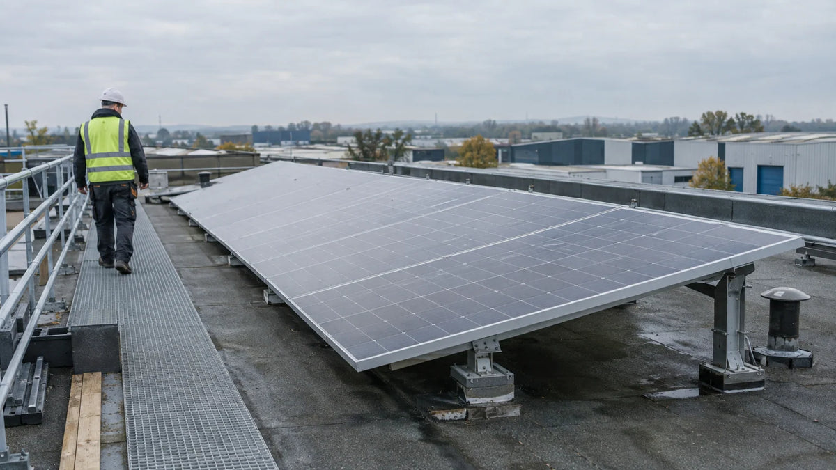 One modest fixed photovoltaic array on an ordinary low industrial roof, safe maintenance walkway and a few visible mounting brackets.