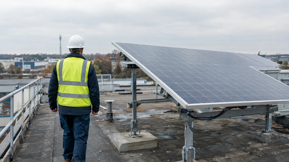 One mounted finished PV module at an ordinary accessible utility site, anonymous inspector viewed from behind on a safe walkway checking visible shading and cable route.