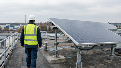 One mounted finished PV module at an ordinary accessible utility site, anonymous inspector viewed from behind on a safe walkway checking visible shading and cable route.
