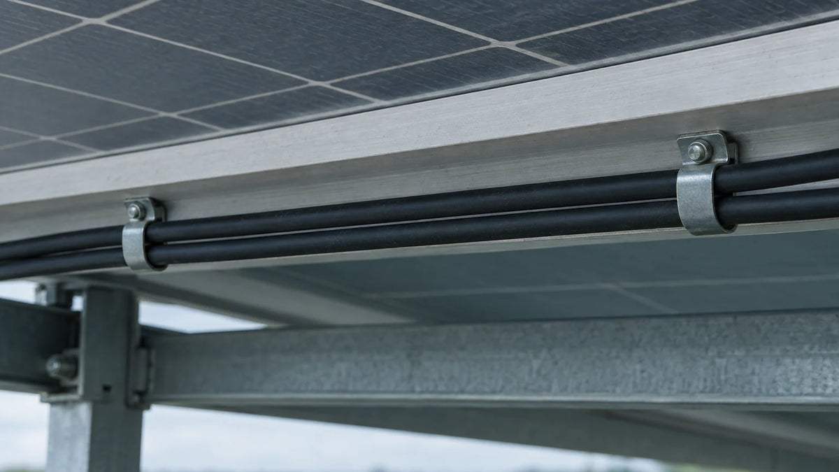 Insulated solar cables are held alongside a module-frame edge by small structural clips, illustrating cable positioning without a strain-relief or grounding claim.