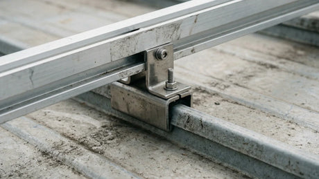 Standing seam solar clamp gripping metal roof seam with rail attached