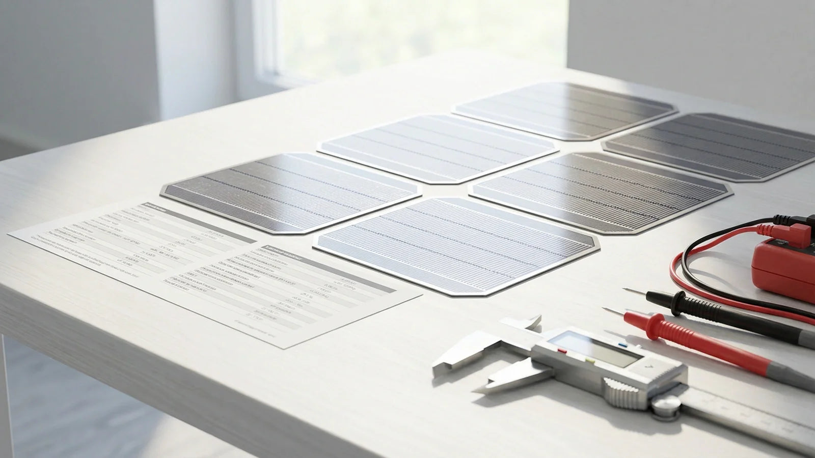 SunPower solar cell efficiency guide with IBC cells and datasheet on a workbench