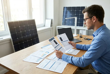 Engineer comparing SunPower vs Q CELLS solar panel quotes and datasheets