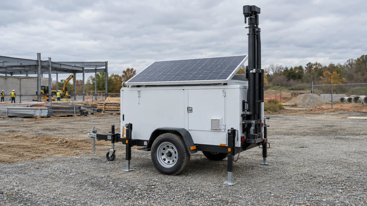 A parked unbranded mobile surveillance trailer at an ordinary worksite, one securely attached finished PV panel on its roof, camera mast stowed, stabilizing legs visible.