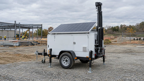 A parked unbranded mobile surveillance trailer at an ordinary worksite, one securely attached finished PV panel on its roof, camera mast stowed, stabilizing legs visible.
