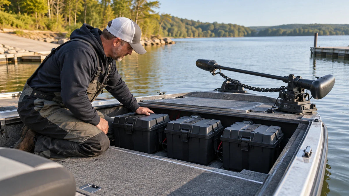 A technician checks three protected battery enclosures near an unbranded trolling motor in a service yard.