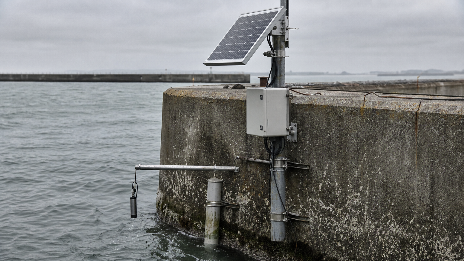 A solar-powered tide gauge station on a weathered concrete pier, with a tilted solar panel, a weatherproof enclosure and a water-level sensor arm over the sea.