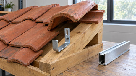 A lifted tile on a low tiled-roof mock-up revealing timber support and a metal roof hook, with a short aluminum rail laid beside it.