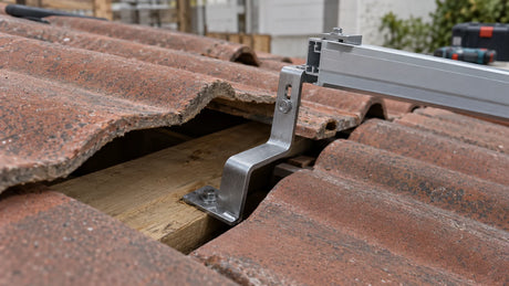 A metal roof hook between tiles on a low tiled-roof mock-up, connected to a short rail, showing how tiles, hook and rail stack up.