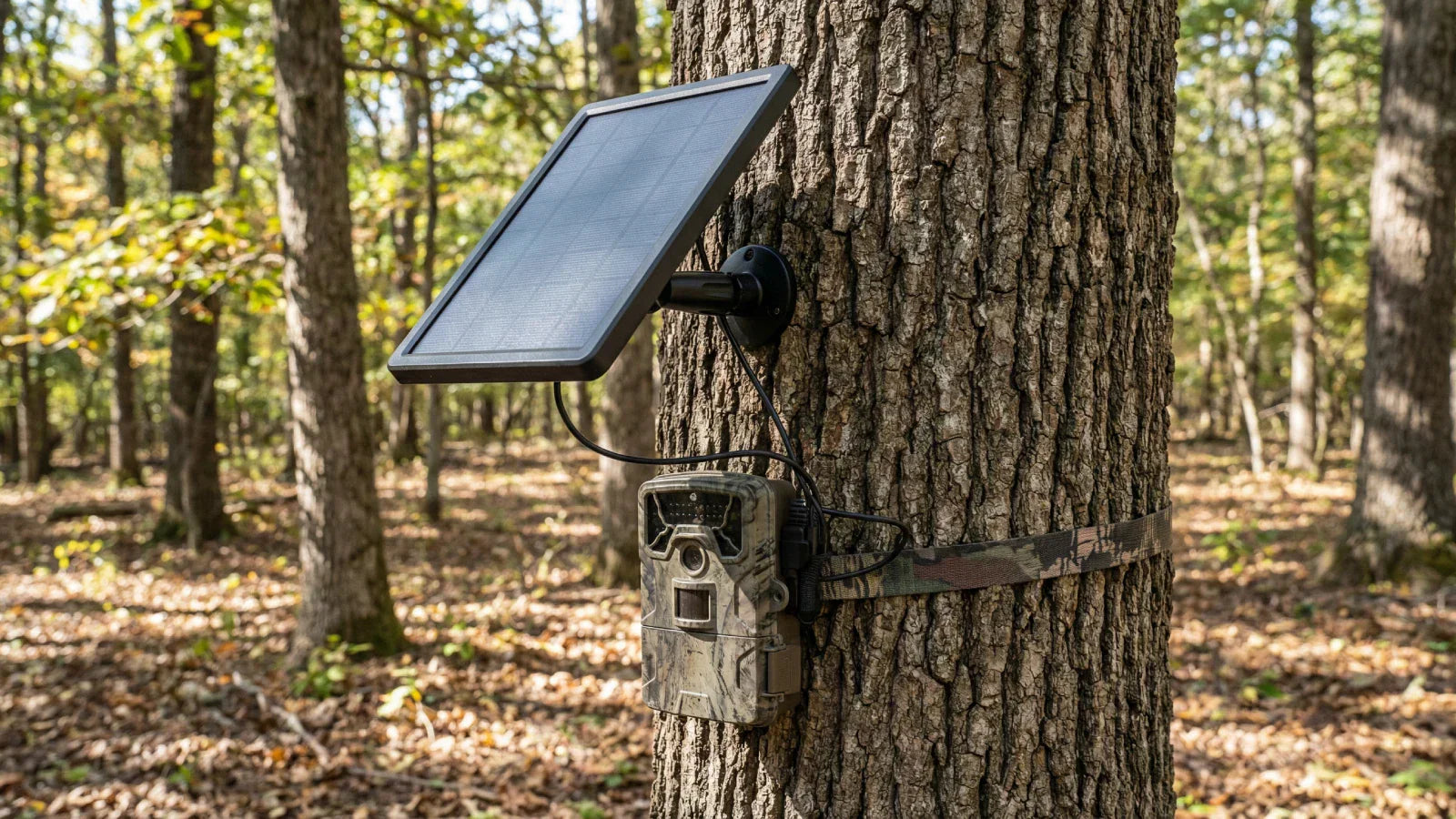 4G LTE trail camera with solar panel mounted on tree in forest for year-round cellular monitoring