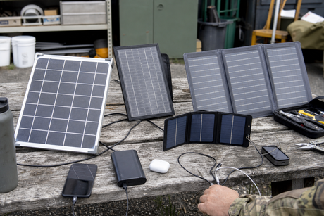 Assorted USB solar panels and charging cables arranged for B2B product sourcing