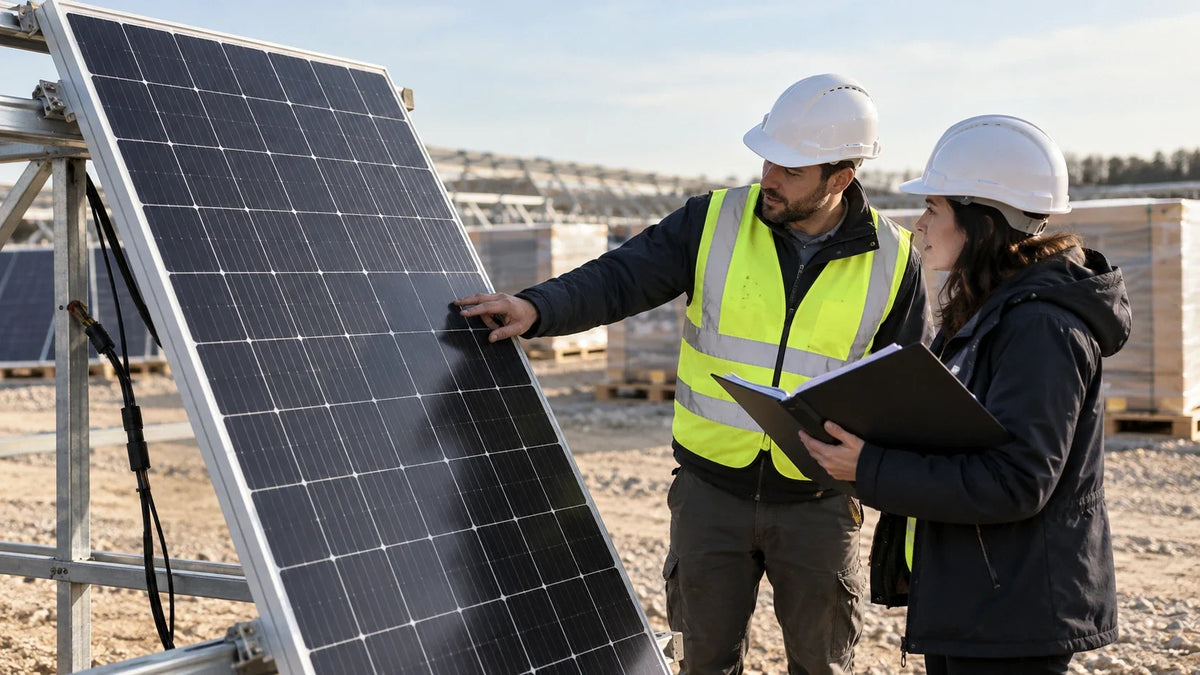 A buyer reviews a large unbranded solar module and blank purchase documents in a utility-scale equipment yard.