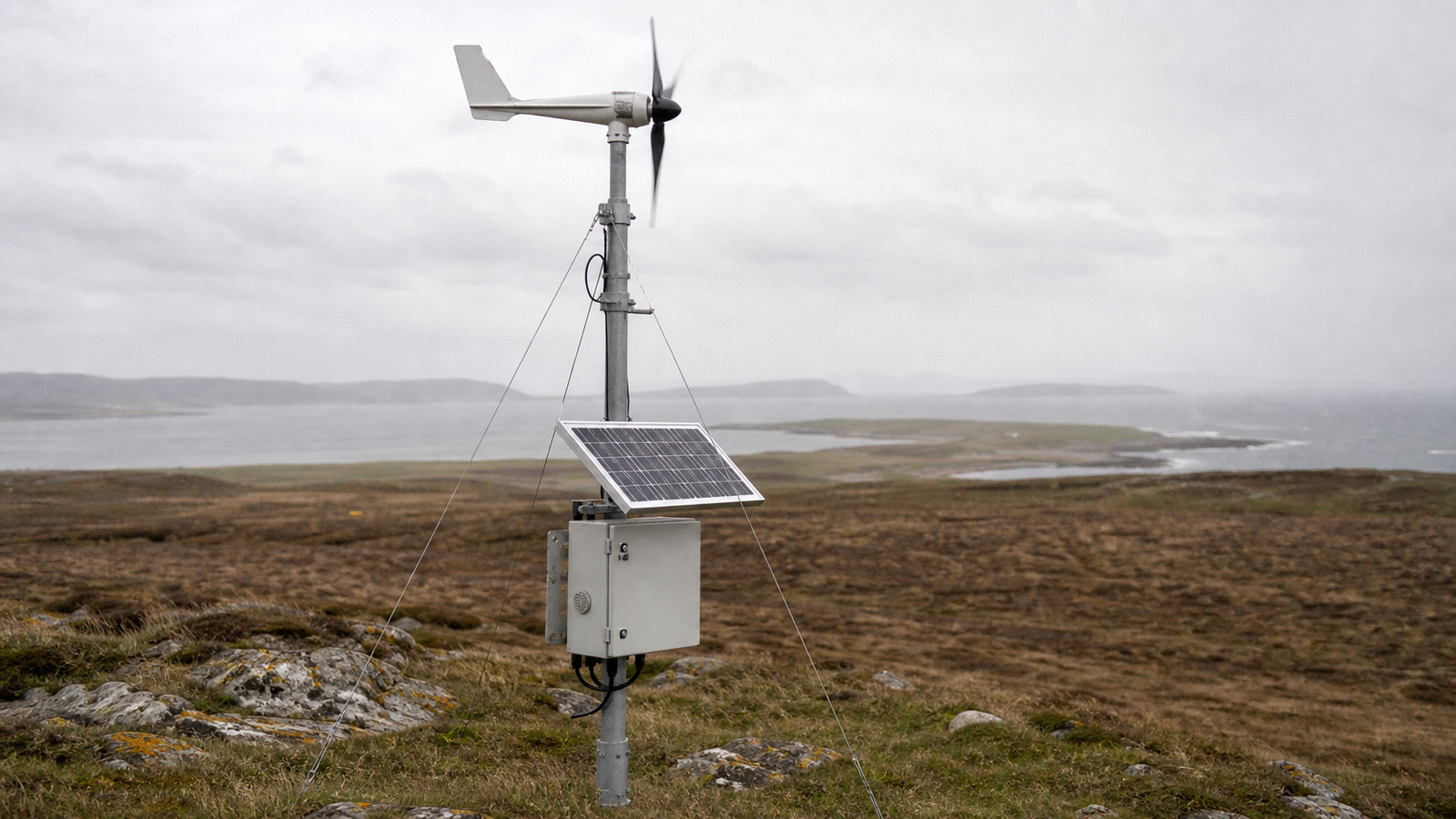 A wind-solar hybrid monitoring station on an exposed coastal site, with a small turbine, a tilted solar panel and a weatherproof enclosure on a galvanized pole.