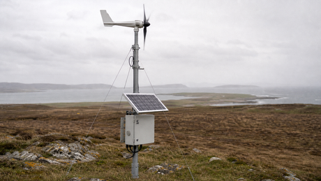 A wind-solar hybrid monitoring station on an exposed coastal site, with a small turbine, a tilted solar panel and a weatherproof enclosure on a galvanized pole.