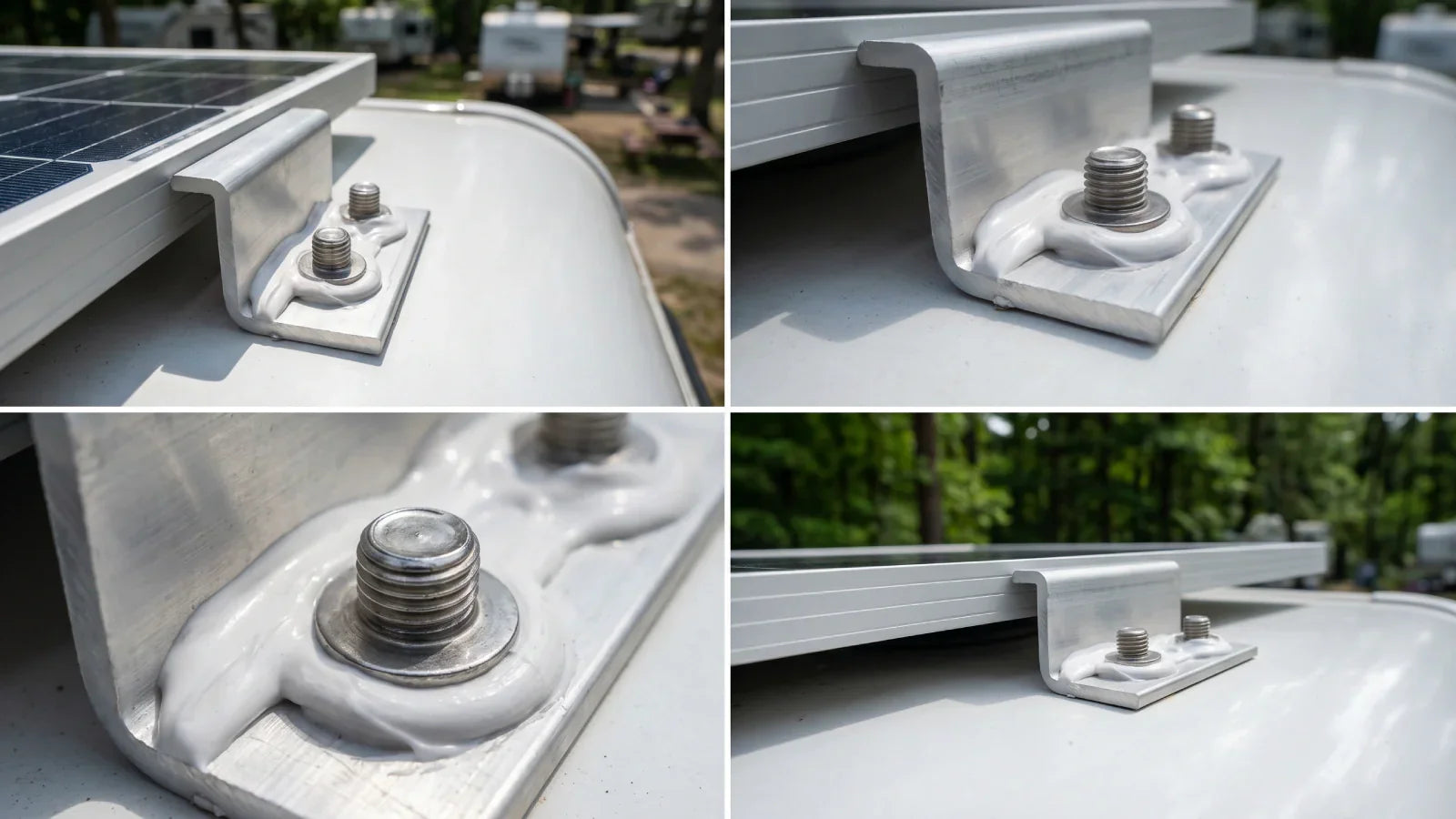Close up of Z bracket solar panel mount with waterproof sealant on RV roof