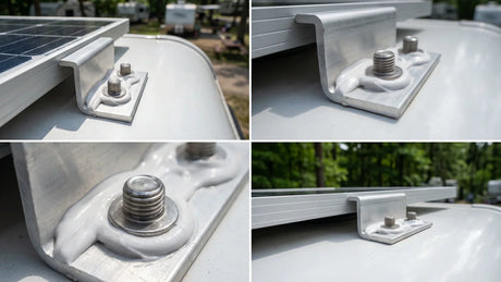 Close up of Z bracket solar panel mount with waterproof sealant on RV roof