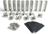 10 piece solar panel mini rail mounting kit with aluminum rails, clamps, EPDM rubber pads, and stainless steel self-tapping screws.