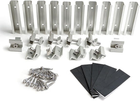Kit de montaje de minirrieles para placas solares de 10 piezas con rieles de aluminio, grapas, almohadillas de goma EPDM y tornillos autorroscantes de acero inoxidable.