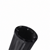 Black cylindrical solar module opening with circular end cap and mounting hardware