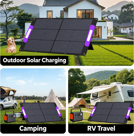 100W ETFE folding solar panel with purple carry handles in camping and RV charging setups