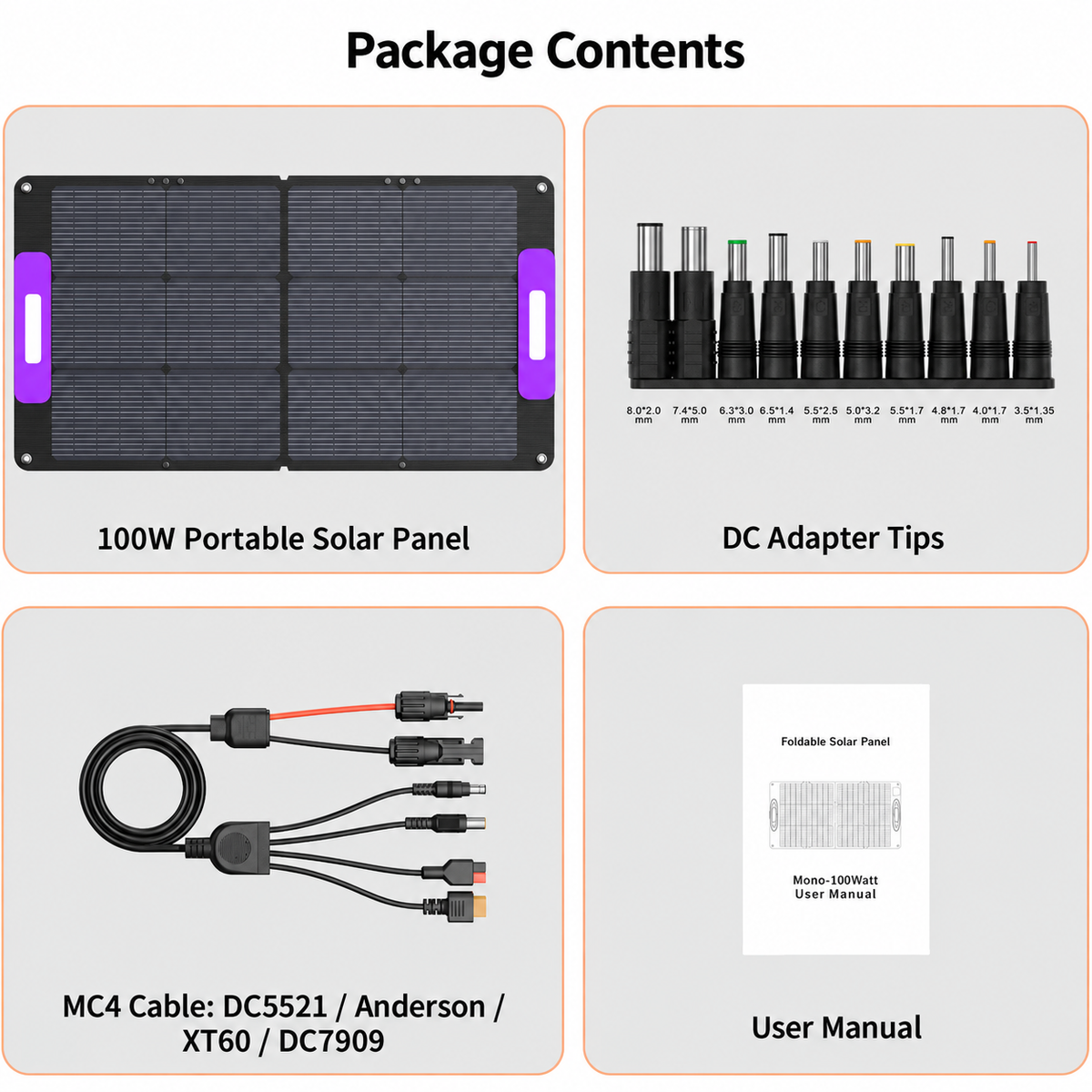 100W solar panel package with MC4 adapter cable, DC adapter tips and user manual