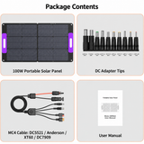 100W solar panel package with MC4 adapter cable, DC adapter tips and user manual