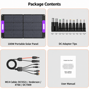 100W solar panel package with MC4 adapter cable, DC adapter tips and user manual