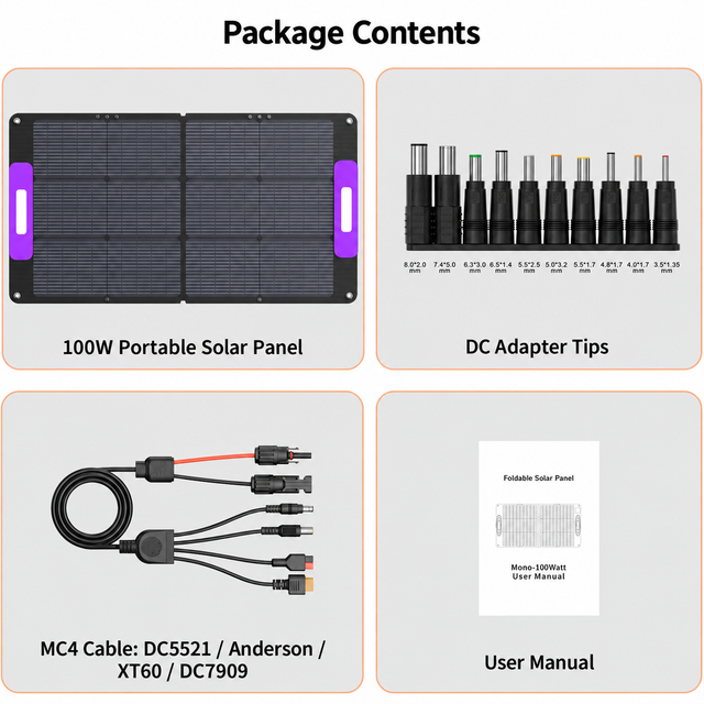 100W solar panel package with MC4 adapter cable, DC adapter tips and user manual