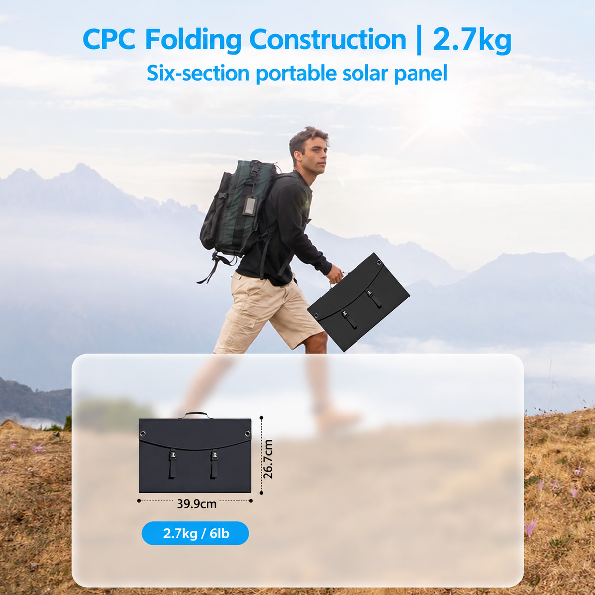 CPC folding solar panel with 39.9 x 26.7cm folded face and 2.7kg weight